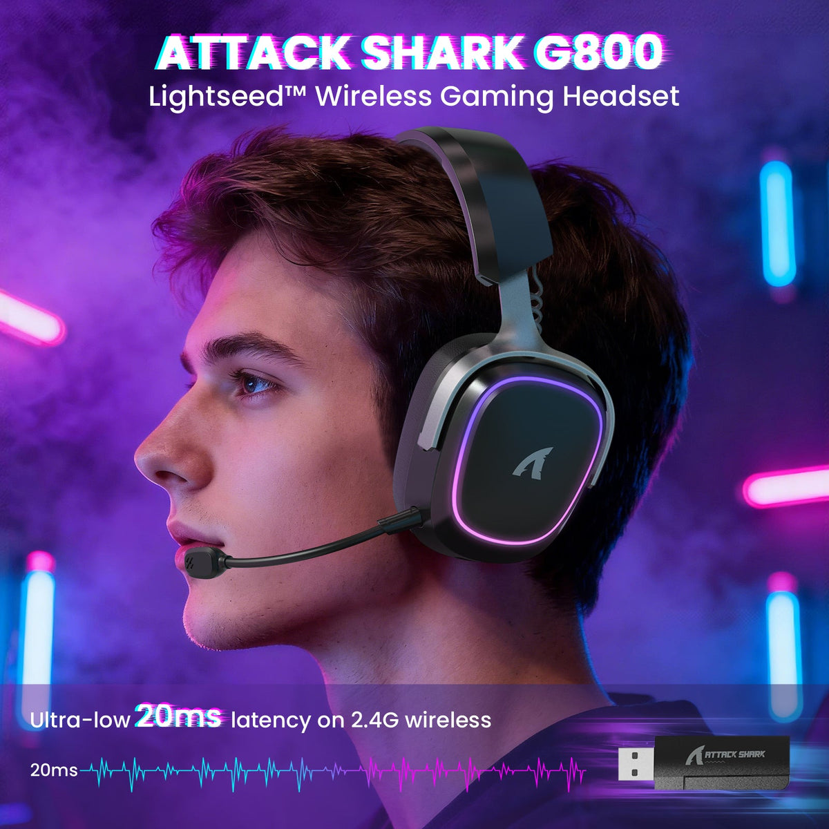 Attack Shark G800 Wireless Gaming Headset, 50mm Drivers, 1000mAh — view 3